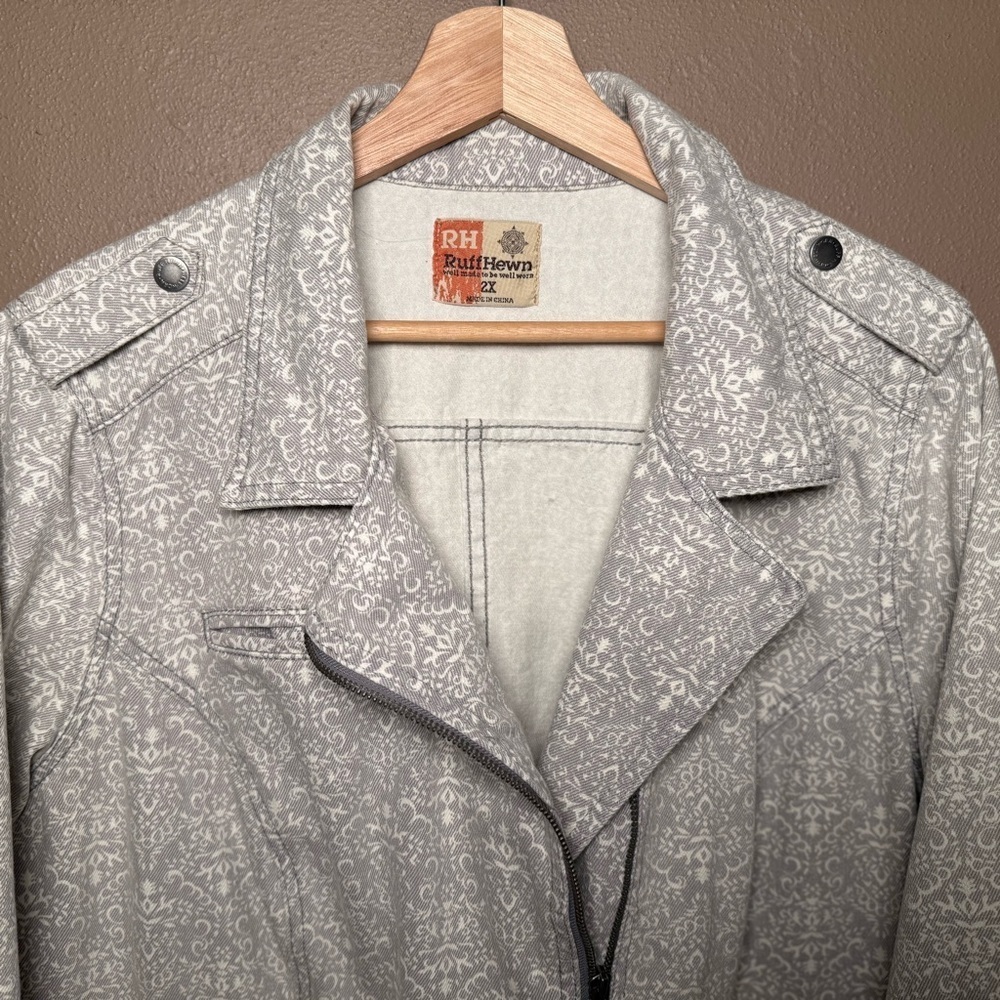 Ruff Hewn Gray & White Cotton Denim Moto Jacket Women's Plus Size 2X Streetwear - Picture 6 of 15